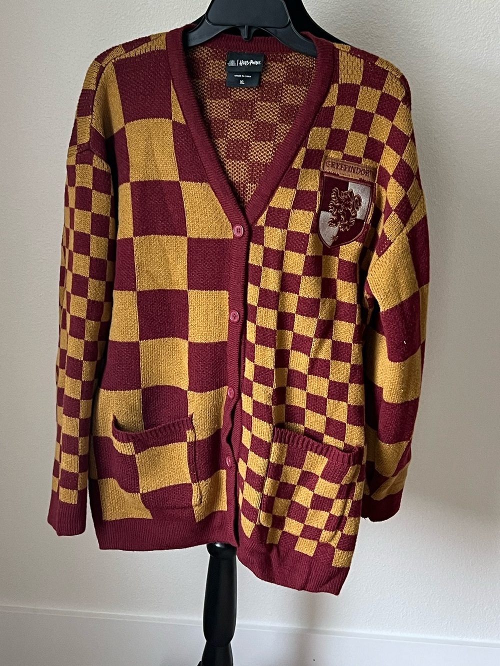 Harry Potter Gryffindor Checkered Button-Front Cardigan Sweater - Maroon & Gold